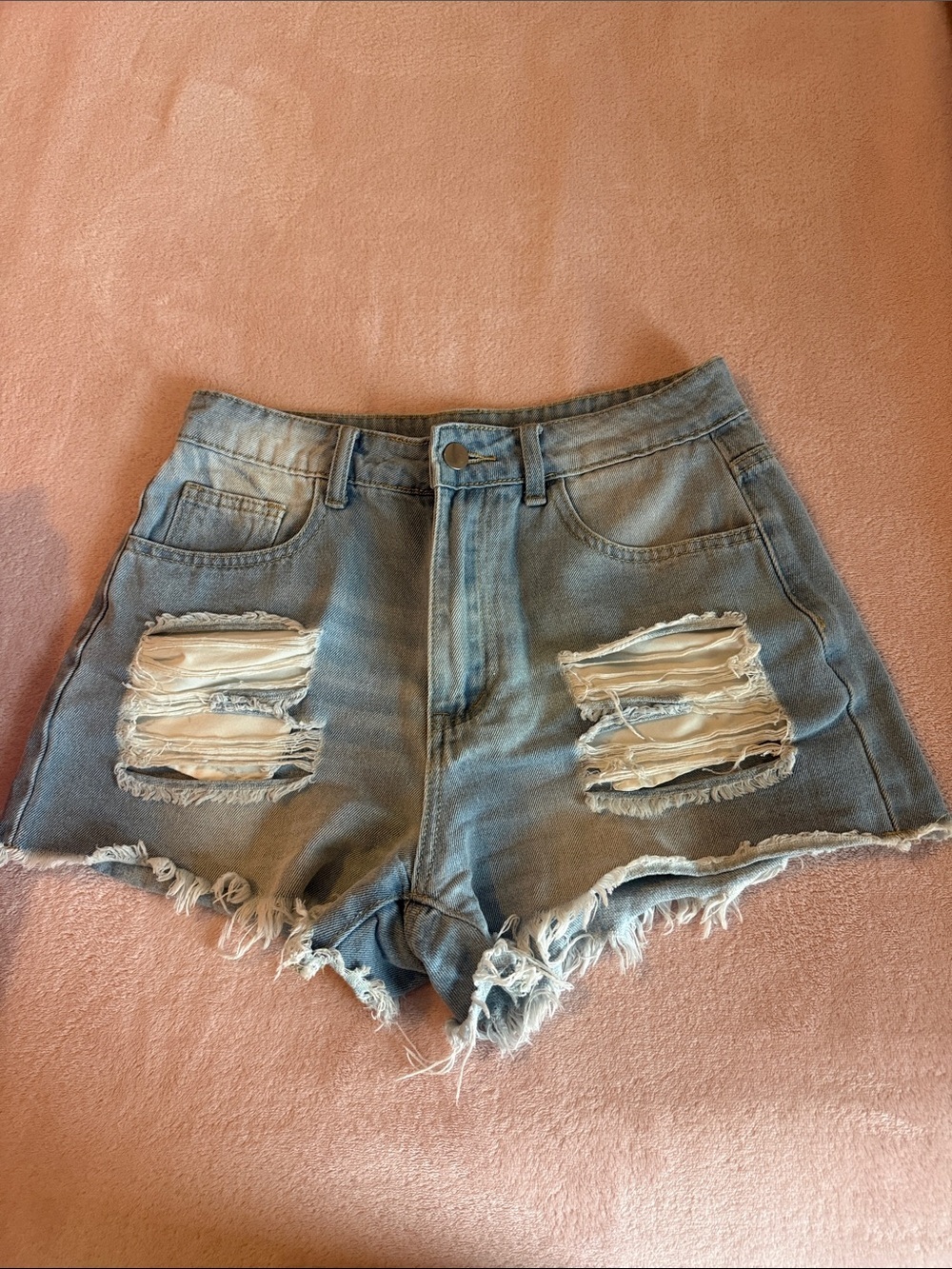 SHEIN Light Blue High Waist Distressed Denim Shorts